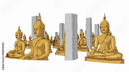Many golden Buddha statues in meditation pose behind tall gray pillars