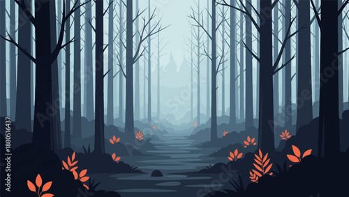 Misty forest path with orange leaves and dark trees