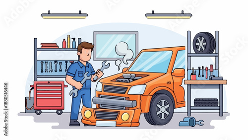 Mechanic repairs an orange car with its hood open, steam coming out