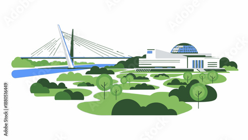 Modern architectural complex and suspension bridge set within lush green parkland