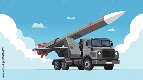 Mobile missile launcher under a cloudy blue sky