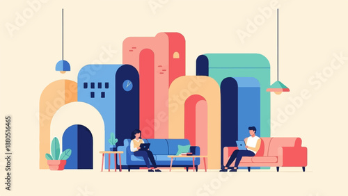 Modern abstract interior with people working on laptops on sofas