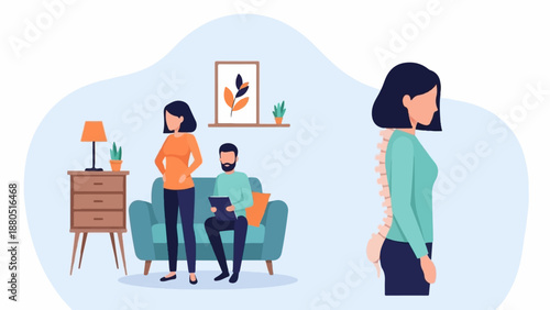 Medical consultation on posture and spine health in a living room