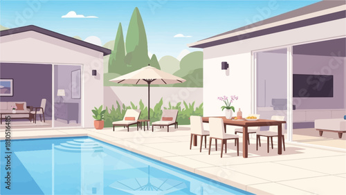 Modern backyard with a swimming pool, patio furniture, and lush landscaping