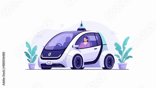Modern autonomous vehicle with a person driving and plants on white background