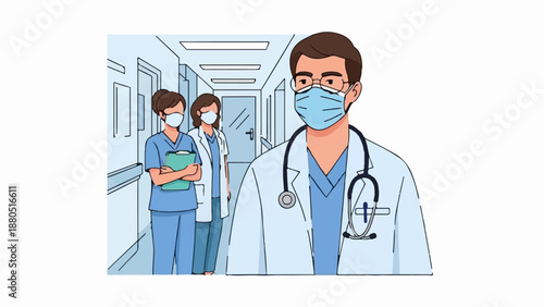 Medical professionals in masks and lab coats in a hospital corridor