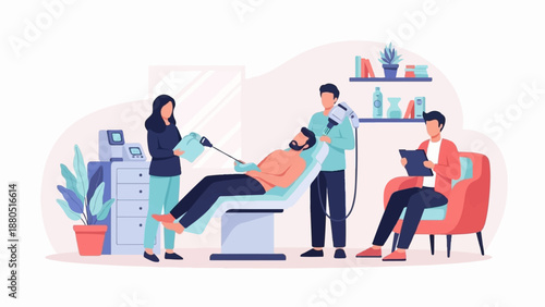 Medical professionals treating a patient lying on a couch with equipment