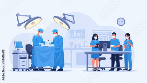 Medical professionals in blue scrubs and masks in an operating room