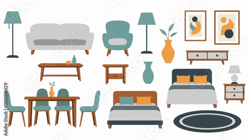 Modern furniture collection with minimalist art and home decor