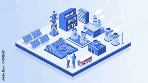 Isometric view of a smart grid city with solar, nuclear, and power infrastructure