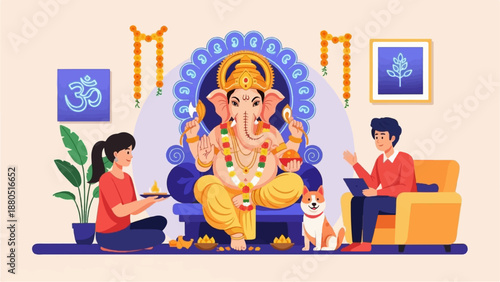 Modern Hindu festival celebration with deity, people, and dog