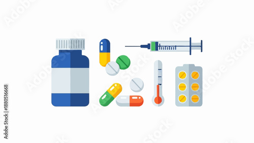 Medical supplies, including a pill bottle, capsules, pills, syringe, thermometer, and blister pack