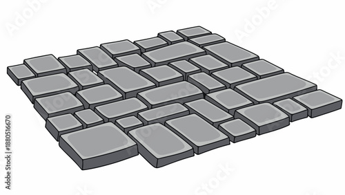 Isometric view of grey paving stones arranged randomly on white background