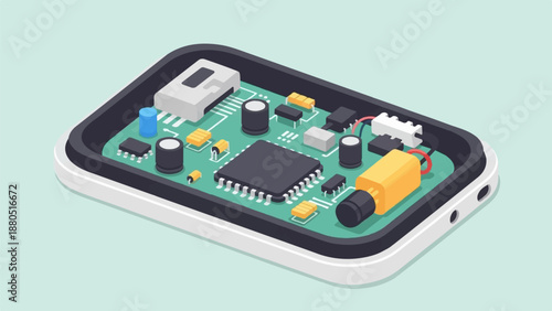 Isometric view of an open device showing its intricate electronic components