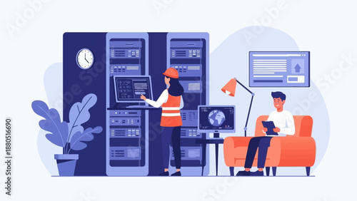 IT professional works with servers while colleague relaxes with tablet