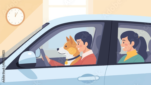 Joyful people and dog in car with clock on wall