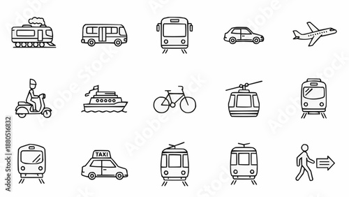Collection of transportation icons in a simple line art style.