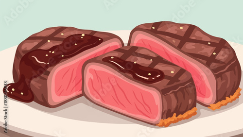 Juicy grilled steaks drizzled with sauce on a plate