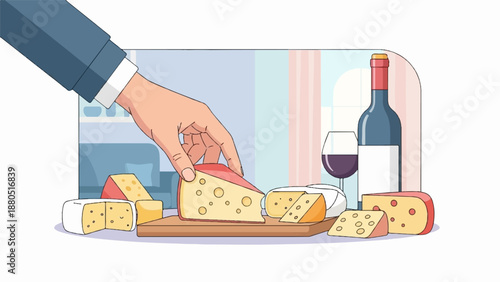 Hand selecting cheese, accompanied by wine and a glass in a cozy interior setting