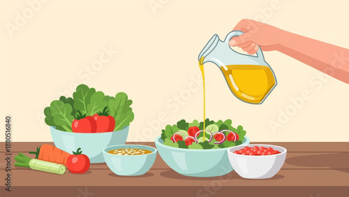 Hand pouring oil onto fresh salad with tomatoes and vegetables