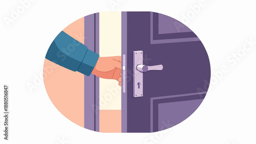 Hand opening a purple door, revealing a bright interior