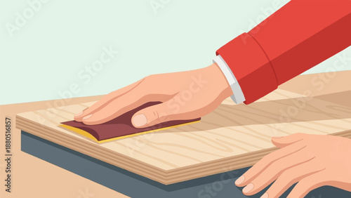 Hand smoothing wooden surface with sandpaper
