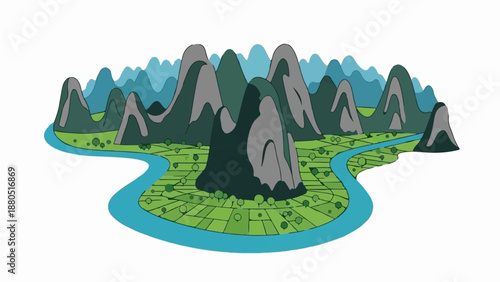 Karst mountains rise above a river meandering through lush green fields