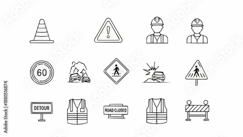 Construction safety and traffic warning icons set.