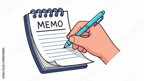 Hand writing a memo on a notepad with a blue pen