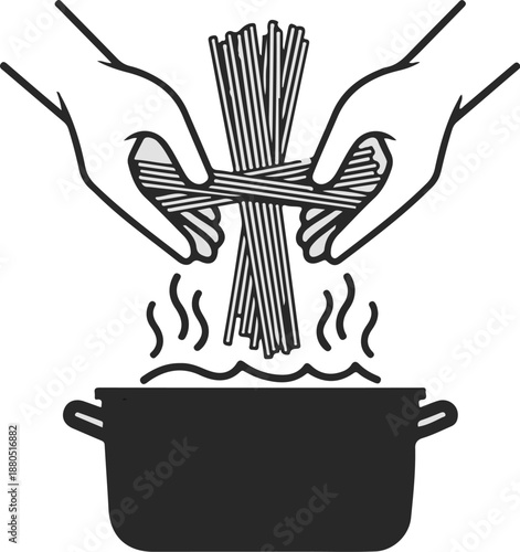 Hands adding spaghetti to boiling water in a pot