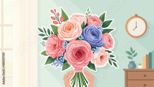 Hands holding a colorful bouquet of roses with a clock and books in background