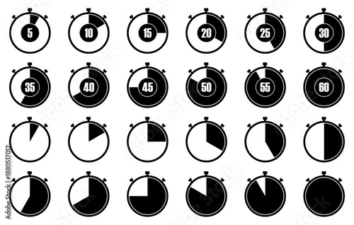 Set of timer and stopwatch icons for cooking and countdown, Countdown timer and stopwatch icons isolated set, Timer and stopwatch icons showing cooking time minutes, vector icons,