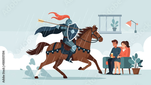 Knight on horseback charges through rain, couple relaxes indoors