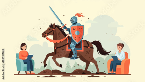 Knight on horseback approaches two people seated in armchairs