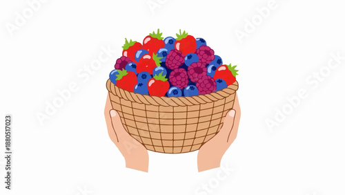 Hands holding a woven basket overflowing with fresh strawberries, blueberries, and raspberries