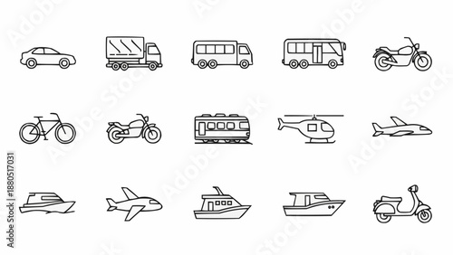 Collection of hand drawn transportation vehicles and modes of travel icons.