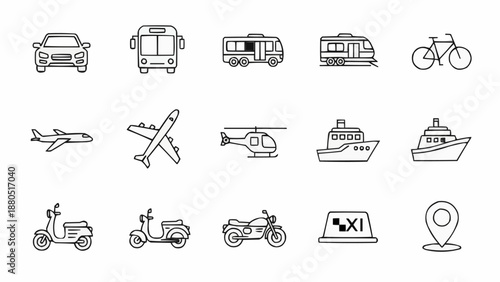 Collection of transportation icons in a hand-drawn style.