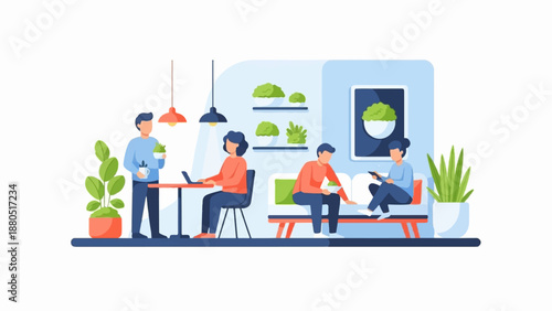 Modern interior with people working, relaxing, and interacting indoors