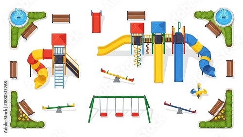 Colorful playground equipment vector illustration top view