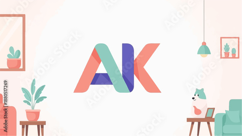 Modern living room with abstract letters and cute dog