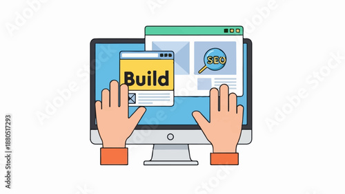 Hands interacting with a computer screen displaying website building and SEO tools