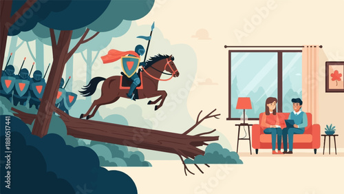 Knight on horseback leaps over fallen tree, soldiers behind, couple in living room