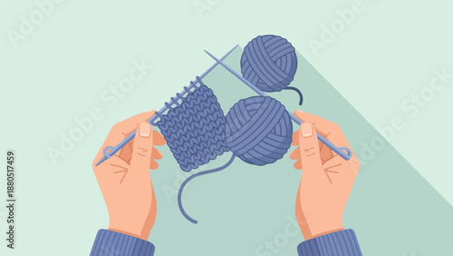 Hands knitting a blue textured fabric with yarn and needles on a mint background