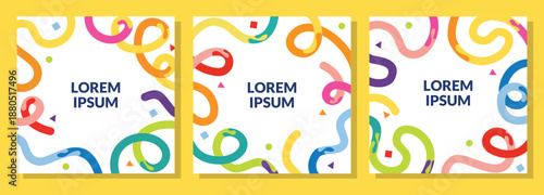 A set of colorful abstract square poster templates featuring playful curved shapes, bright geometric elements, and a clean white center layout, ideal for modern branding, social media posts.