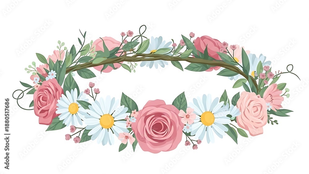 Fototapeta premium Floral wreath illustration with roses and daisies on white