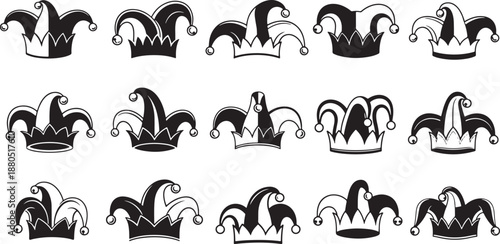 Collection of Festive Jester Hat Icons in Flat Design Vector Illustration