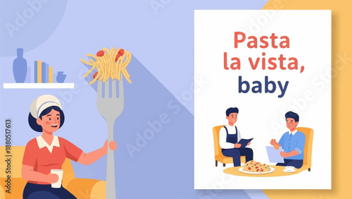 Flat illustration of a woman with pasta on fork, and two men discussing food