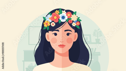 Flat illustration of a young woman with a floral crown, smiling