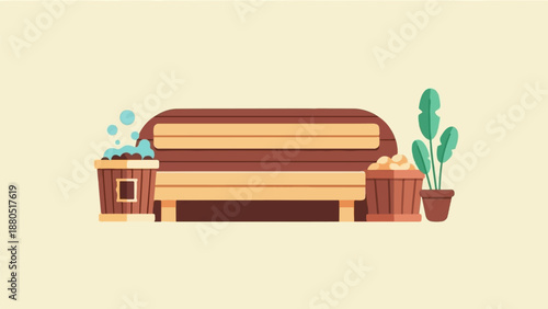 Flat illustration of a wooden sauna bench with buckets and plants