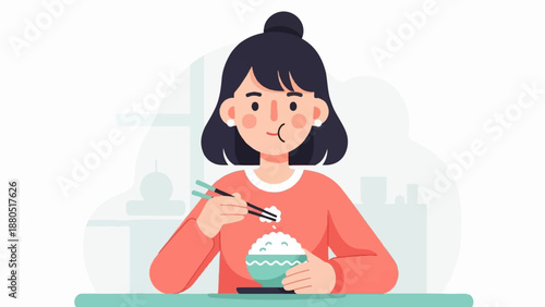 Flat illustration of a young woman with dark hair eating rice with chopsticks